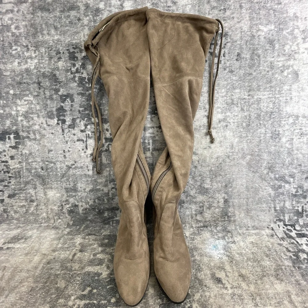 White Mountain Over The Knee Boots Women 6.5 M Khaki Suede Heel Drawstring